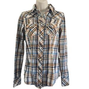 True Religion Womens Plaid Y2K Western Shirt Size XS Brown Pearl Snap Button